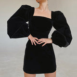 Autumn 2025 New Square Collar Black Bubble Sleeve Long Sleeve Gold Velvet Dress Women's Dress With Hip Skirt 68HZ