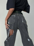 Naughty Graffiti-Smaught Jeans Women's Spring And Summer New Loose Straight Trousers Trendy Personality Hole-Hole Broad Leggings 68HZ