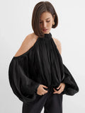 2026 Spring French Temperament Hanging Neck To Lead Long-Sleeved Hair Dress Girl Niche Design Feel Gold And Silver Silk Shirt 68HZ