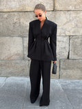 Black High-End Long-Sleeved V-Neck Folded Waist Blazer Trousers Two-Set Autumn Women's Suit Suit 68HZ