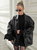 Vintage Temperament Suit Collar Loose Leather Coat 2025 Autumn And Winter Fashion New Leather Woman 68HZ