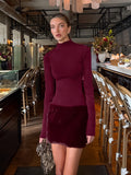 Autumn And Winter Wine Red Temperament Body Round Collar Long Sleeves Plush Stitching Dress Female Commute Sexy Ass Skirt 68HZ