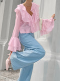 Summer Charm Pink Chiffon Sunscreen Temperament Cascading Lotus Loaf Side V Collar Horn Sleeve Short Lady Shirt 68HZ