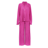 Autumn/Winter 2025 New Long-Sleeved Lap Folding Shirt Women's Broad-Legged Drag Feeling Wrinkled Trouser Set Solid Color 68HZ