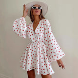 Spring 2025 New Strawberry Print V-Neck Lantern Sleeve Dress Fashion Tea Dress Woman 68HZ