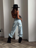 Hottie Bleeves With Broken Jeans Ladies Spring And Summer Vintage Light Blue Straight Drag Broad Legs Girl 68HZ