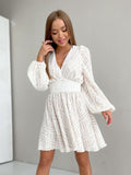 2025 Spring Temperament White Hollow Flower Lantern Sleeve Dress Women Fashion Waist A Skirt Short 68HZ