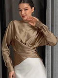 Autumn 2025 New Women's Color-Buttoned Denswear Simulation Silk Elegant Long-Sleeved Top Irregular Wrinkled Shirt 68HZ