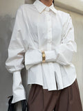 Court-Style White Cotton Shirt Female High-End Luxury Folding Waist Long-Sleeved Collar Shirt 68HZ