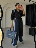 Small Design Feel Denim Spliced Striped Workwear Set Women's High-End Straight Trousers High-End Two Sets 68HZ
