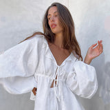 2025 New Cotton-Song White Lantern Sleeve V-Neck Top Shorts Set Summer Women's Two-Set 68HZ