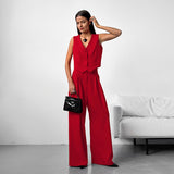 Summer Simple Fashion Casual Sleeveless Vest V-Neck Solid Color Loose Broad-Footed Trousers Two-Set Commuting Suit 68HZ