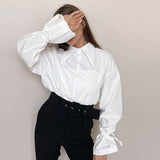 2025 Women's Long-Sleeved White Shirt Collar Temperament Commuter Bow Design Sense French Shirt 68HZ