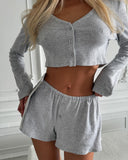 2025 New Casual Home Set Women's High-End Spring And Autumn Solid Color Long-Sleeved Open Shirt Shorts Gray Two-Piece Set 68HZ