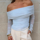Sky Blue Repair Elastic Collar Collar T-Shirt 2025 Spring And Summer Fashion New Top 68HZ