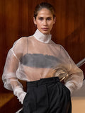 Sexy Perspective Mesh High-End Feeling Long-Sleeved Shirt 2025 Spring And Summer Fashion New Top Lady 68HZ