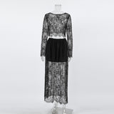 Spring And Summer Sexy Black Perspective Lace Long Sleeves Loose Leisure Collar High Waist Half-Dress Suit Women's Clothing 68HZ