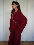 Anzola Red Wool Woven Suit Women In Autumn And Winter Inside And Outside Wearing A Solid Half-Zip Sweater Straight Trousers Two Sets Of Women 68HZ