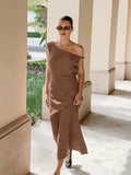 2025 Vintage Spring/Summer Casual Cotton Brown Irregular Collared Short-Sleeved Slimmed Sexy Dress 68HZ