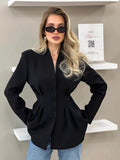 Women's Autumn Temperament Elegant Repair Waist Black Small Suit Commuting Design V Collar Suit Coat 68HZ