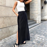 Black Silk Dress Women's Dress 2025 Spring Open High Waist Temperament Commuter Color Half Skirt 68HZ
