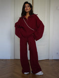 Anzola Red Wool Woven Suit Women In Autumn And Winter Inside And Outside Wearing A Solid Half-Zip Sweater Straight Trousers Two Sets Of Women 68HZ