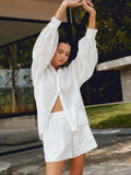 Sexy Design With A Sense Of Cotton White Fashion Long-Sleeved Shorts Set Summer Women's Clothing 68HZ