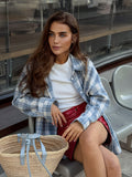 Beach Casual Blue Fashion Temperament Feelt Cotton Plaid Shirt Autumn And Winter Commute Loose Women's Clothing 68HZ