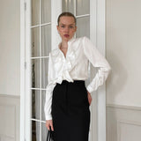 Autumn And Winter Fashion Casual Temperament Soft And Muted Color Butts With Black Long Sleeves Small Collar Classic Ladies Shirt 68HZ