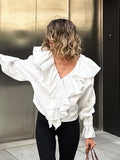 Cotton Design Lotus Leaf Side Sexy V Tie Shoulder Sleeves With Autumn And Winter Temperament Casual Shirt Woman 68HZ
