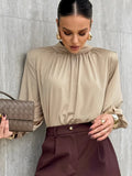 2025 New Blouse Female Summer High-End Pendant Cushioned Shoulder Temperament Elegant Long-Sleeved Simulation Silk Shirt 68HZ