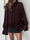 Brown Chiffon Small Collar Lotus Side Horn Sleeve Shirt 2025 Spring And Summer Fashion New Top Woman 68HZ