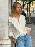 Summer Languid Rice-Colored Round Collar Loose Sexy Lace With Lotus Leaf Blouse French Commuting Simple Shirt Woman 68HZ