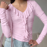 Women's Clothing 2025 Autumn And Winter New Long-Sleeved T-Shirt V-Neck Fashion Temperament Commuting Lotus Leaf Blouse 68HZ