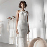 2025 Summer New Hanging Neck Sleeveless Sleeveless Slings White Dress Women's Bare Back Open Fork Fashion Dress 68HZ