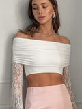 2025 Spring And Summer White Fashion Lace Top New Lady's Shoulder Long-Sleeved T-Shirt 68HZ