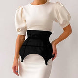 2025 Summer New Round-Neck Short-Sleeved Temperament Commuting Height Waist Bubble Sleeve Dress Women's Bag And Hip Dress 68HZ