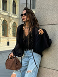 Autumn And Winter Sexy Design Feeling Micro-Permeable Chiffon Black Mystery Loose V-Neck Shoulder Sleeves With Niche Tie Shirt 68HZ