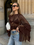 Spring New Women's Design Sense Round-Neck Lotus Leaf Sleeves Gentle Wind Loose Chiffon Shirt 68HZ
