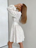 2025 Spring Temperament White Hollow Flower Lantern Sleeve Dress Women Fashion Waist A Skirt Short 68HZ