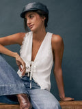 Summer Fashion New White Cotton Collar Lace Sexy Sleeveless Body-Claw Tie French Casual Vest Woman 68HZ