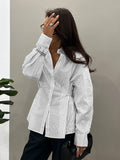 Vintage Design Sense Irregular Striped Shirt Female Senior Pressure Folded Waist Long Sleeve Commuting Top 68HZ