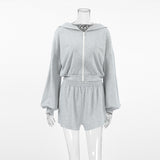2025 Autumn Hooded Long-Sleeved Sweaty Loose Shorts Two-Piece Set Of Casual Sports Suit Gray Woman 68HZ