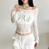 Women's Clothing 2025WISH Autumn And Winter New Solid Color Long-Sleeved Word-Collar Mesh Yarn Perspective Top Lady 68HZ