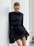 Autumn And Winter New Irregular Tibetan Blue Long-Sleeved Dress Women's High-Grade Three-Dimensional Cut Slimming Bag-Butt Skirt 68HZ