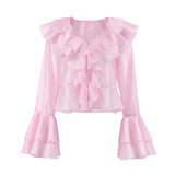 Summer Charm Pink Chiffon Sunscreen Temperament Cascading Lotus Loaf Side V Collar Horn Sleeve Short Lady Shirt 68HZ