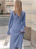 Fashion Design Sense V-Neck Dress 2025 Autumn Simple A-Dress Women's French Chiffon Mid-Long Dress 68HZ