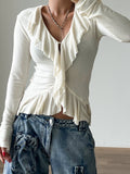Knitting Body V Collar Lotus Leaf Side Design T-Shirt Commuting Women's Clothing 2025 Autumn And Winter New 68HZ