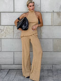 2025 Spring And Summer Design Sense Green Sleeveless Neck Vest Broad Foot Pants Two Sets Of Fashion Set Commuting Woman 68HZ