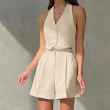 Spring And Summer New Commuting Style Sleeveless V-Neck Hanging Neck Hot Pants Set 2025 Fashion Two Sets 68HZ